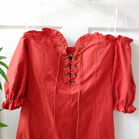 Lulus Off The Shoulder Lace Up Mini Dress Rust S - Picture 3 of 10